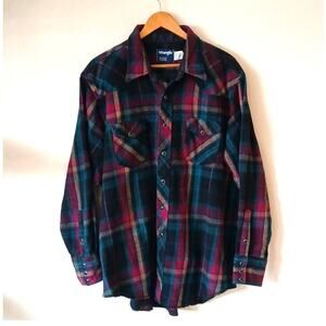 Vintage Wrangler heavy duty plaid flannel western snap button up